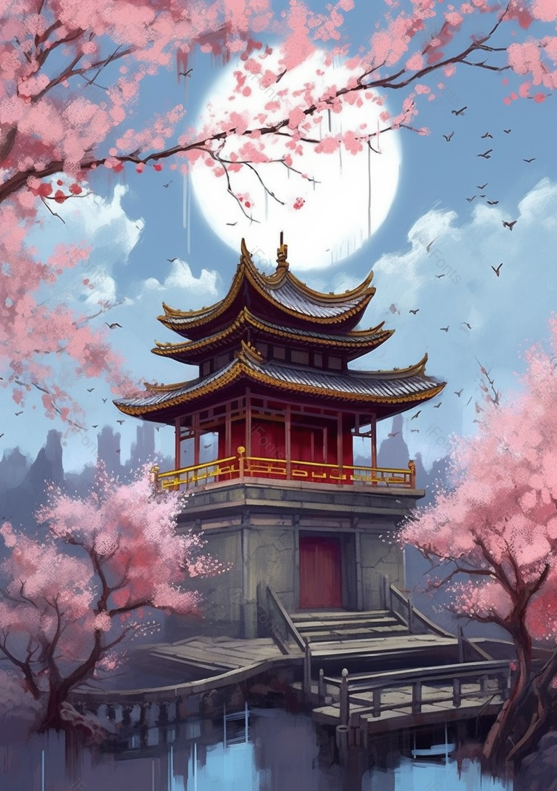 湖面上的粉色桃花亭台楼阁建筑插画背景,插画/手绘图,插画/手绘图库,插画/手绘图下载,插画/手绘
